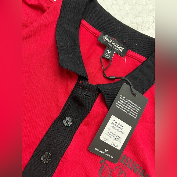 Red Men’s True Religion Buddha Logo Polo size L with Black Collar Detail - Picture 2 of 4